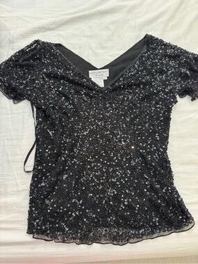 Papell Boutique Black Sequin V-Neck Top